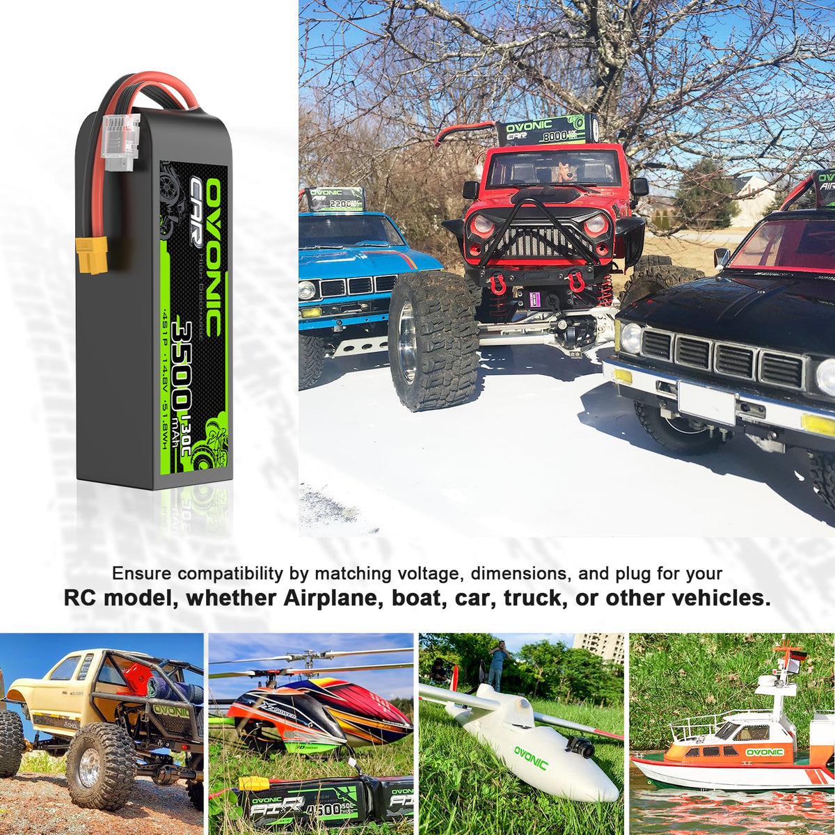 OVONIC 4S LiPo battery with wide compatibility supports cars, boats, drones and more.