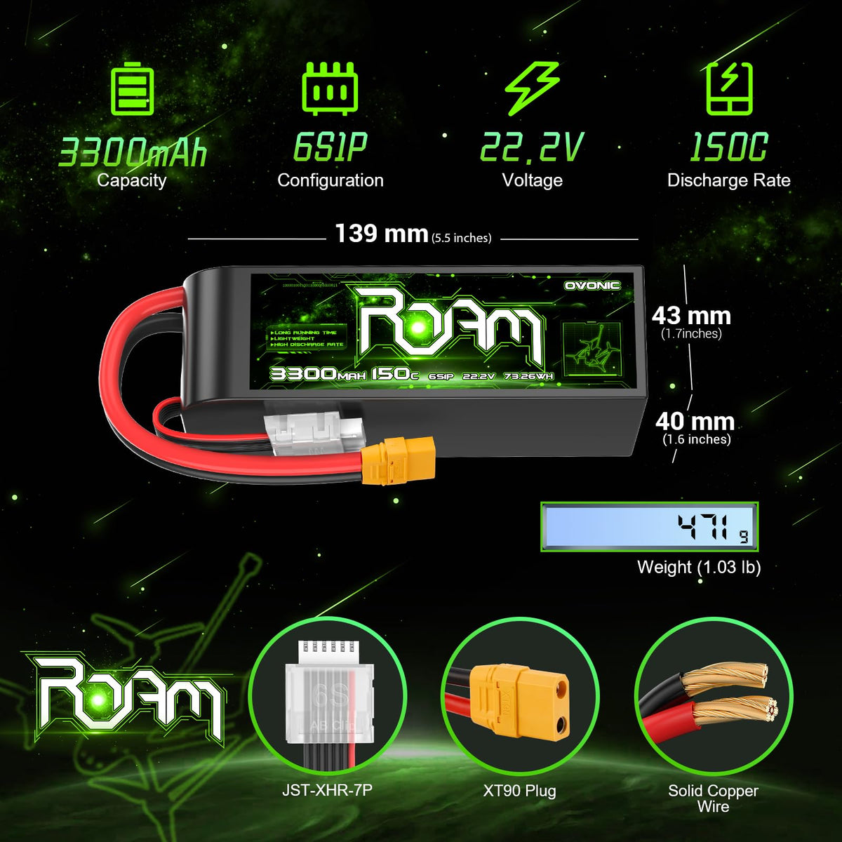 OVONIC Roam 6S 3300mAh battery XT90 connector side for secure power delivery