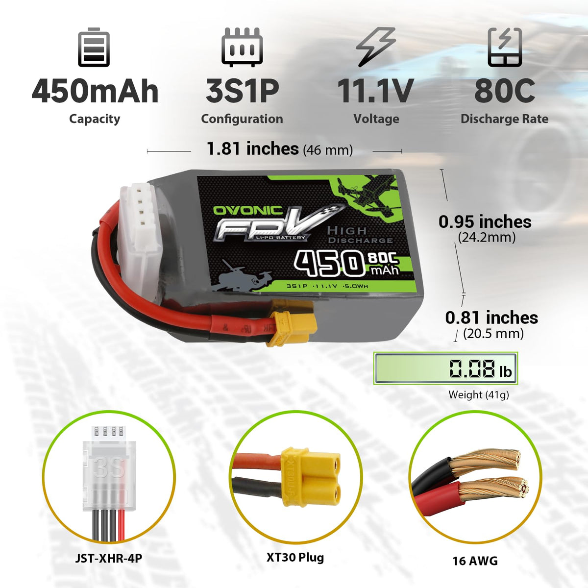 Two-pack OVONIC battery with XT30 connectors, close-up shows the plug.