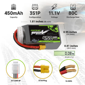 Two-pack OVONIC battery with XT30 connectors, close-up shows the plug.