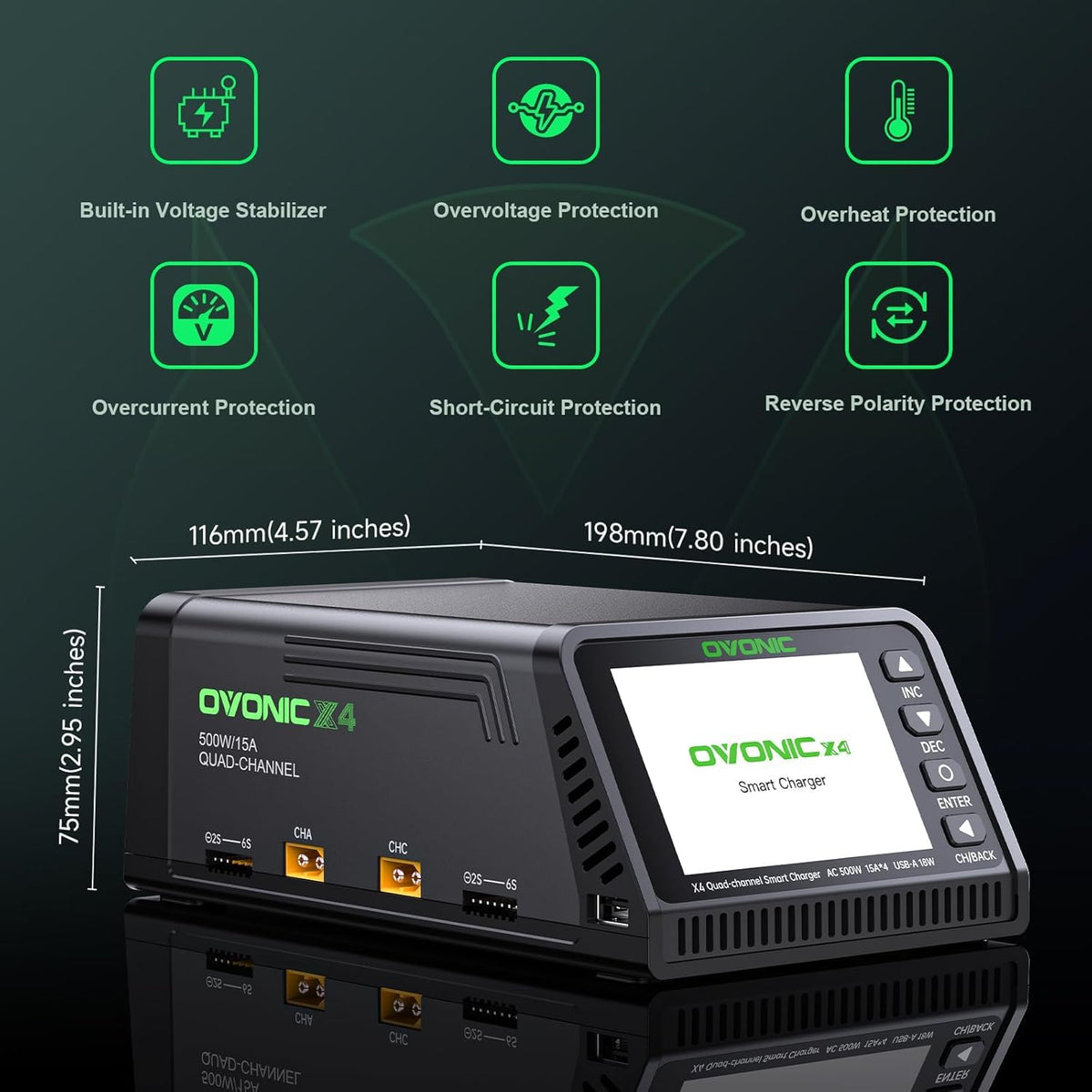 OVONIC X4 safety protections icons remind users of overvoltage and overcurrent safeguards.