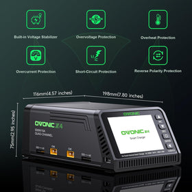 OVONIC X4 safety protections icons remind users of overvoltage and overcurrent safeguards.