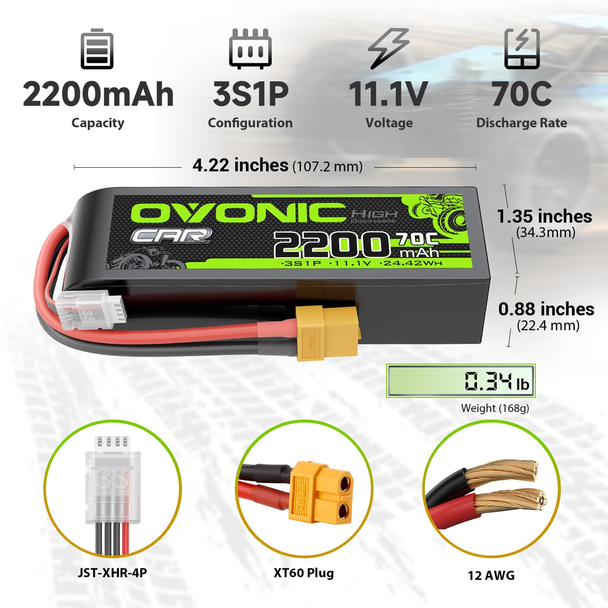 Close-up of OVONIC XT60 connector on the battery.