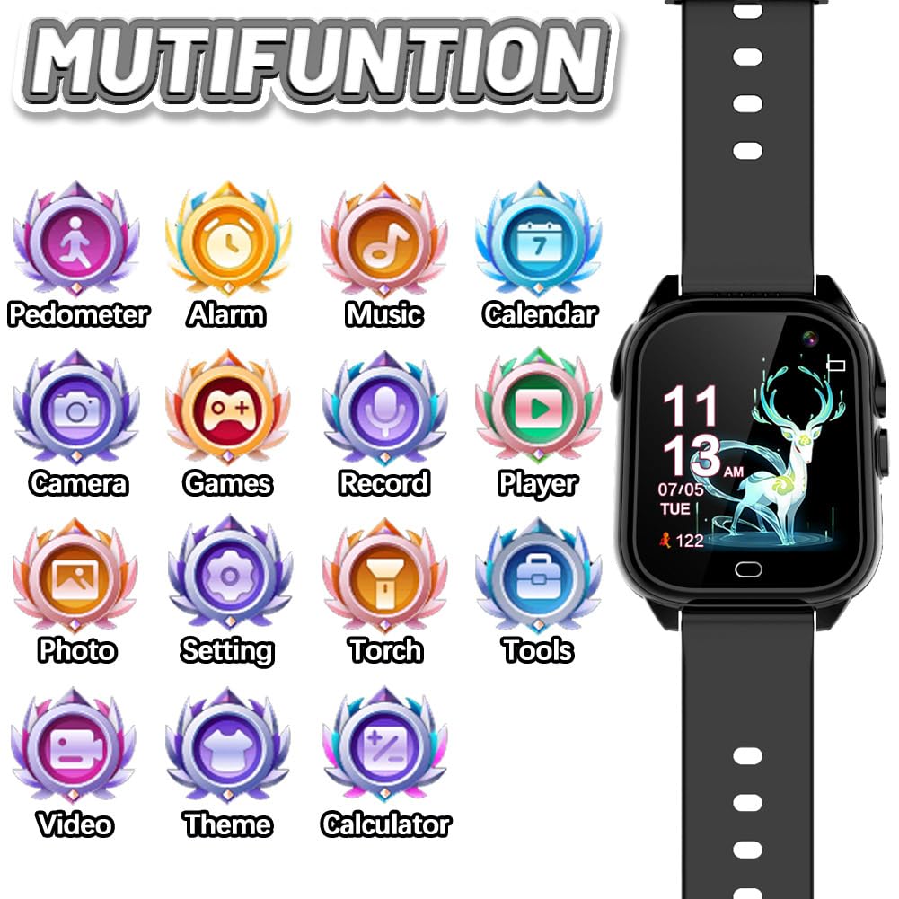 OVV Kids Watch screen closeup showing colorful game icons for learning and play