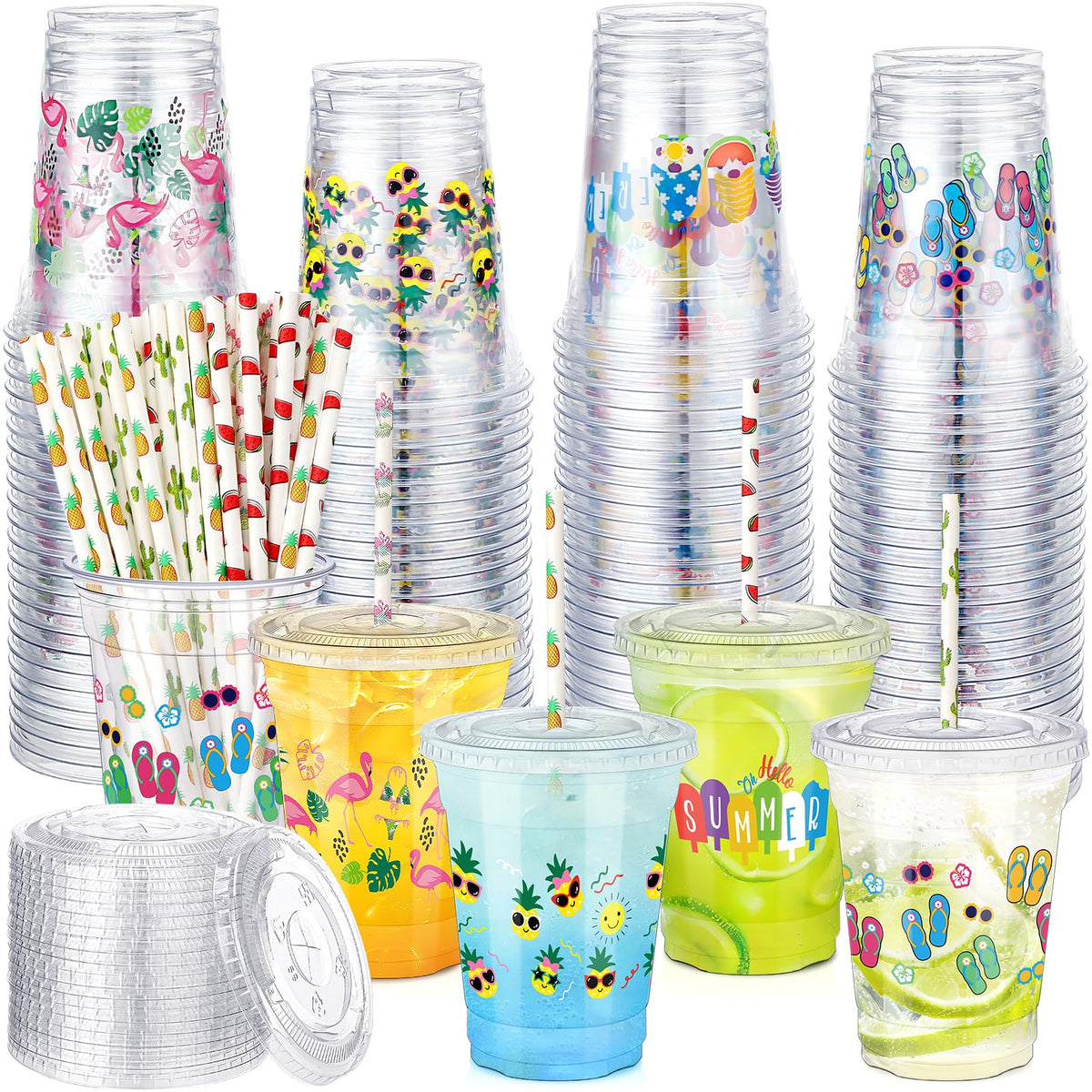 Ovveroche Hawaii Luau cups with hibiscus and flamingo patterns for tropical parties