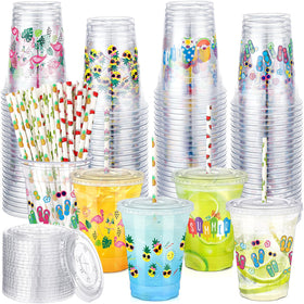 Ovveroche Hawaii Luau cups with hibiscus and flamingo patterns for tropical parties