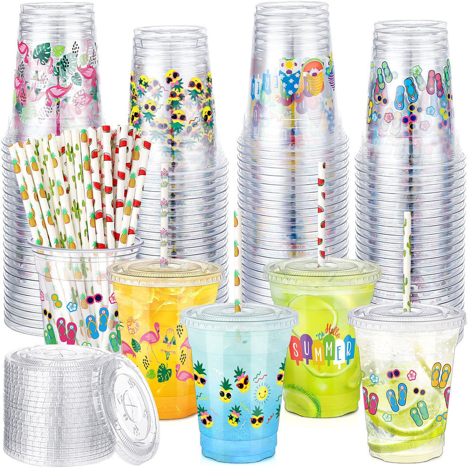 Ovveroche Hawaii Luau cups with hibiscus and flamingo patterns for tropical parties