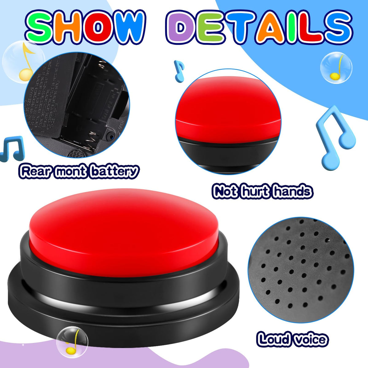 Ovveroche recordable buzzer blue button ideal for classroom activities and games.