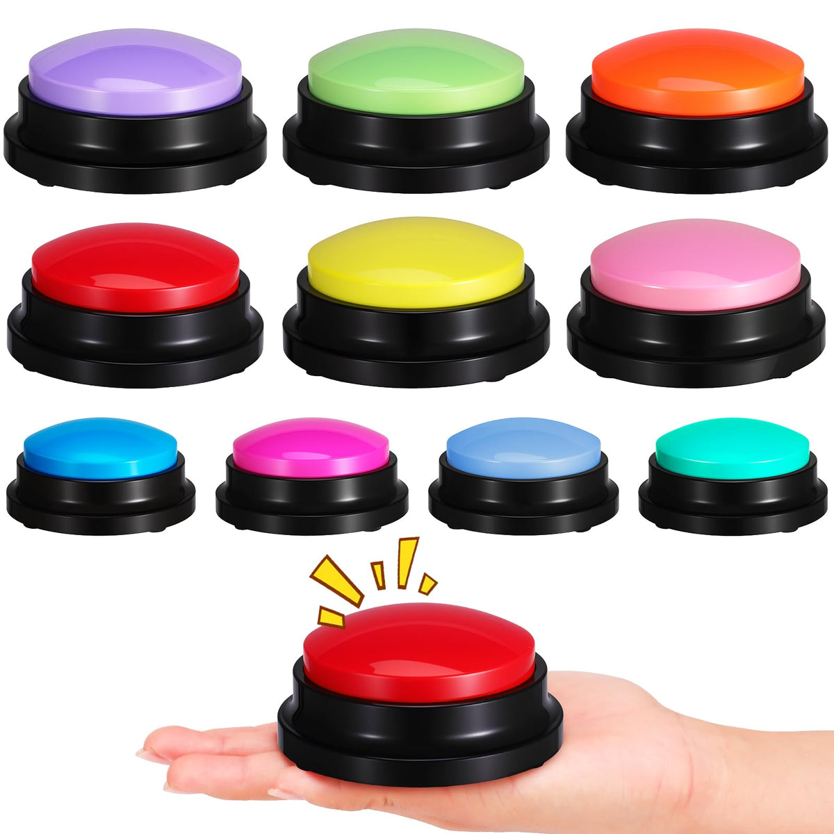 Ovveroche recordable buzzer set in ten colors for classroom games and training.