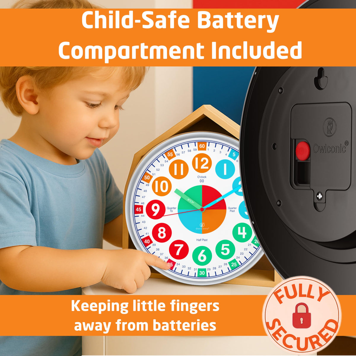 OWLCONIC kids clock: ideal for bedrooms, playrooms, or classrooms.