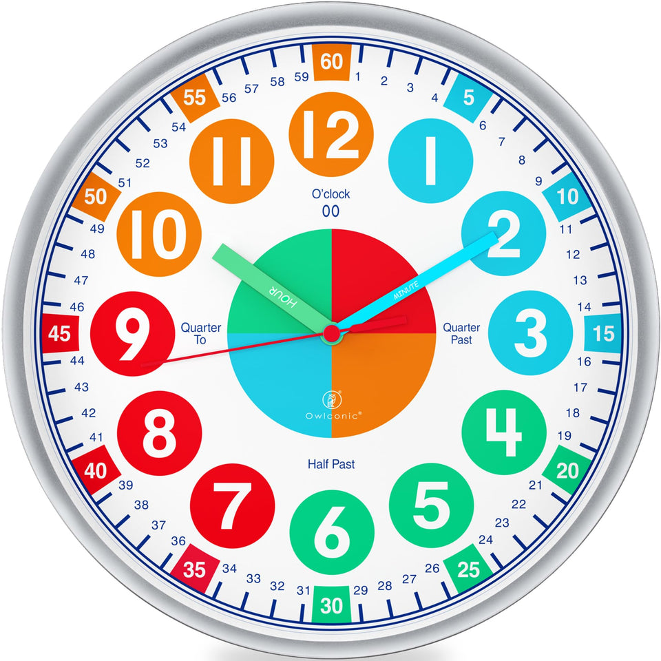 OWLCONIC kids clock: bright-numbered wall clock for time-telling practice.