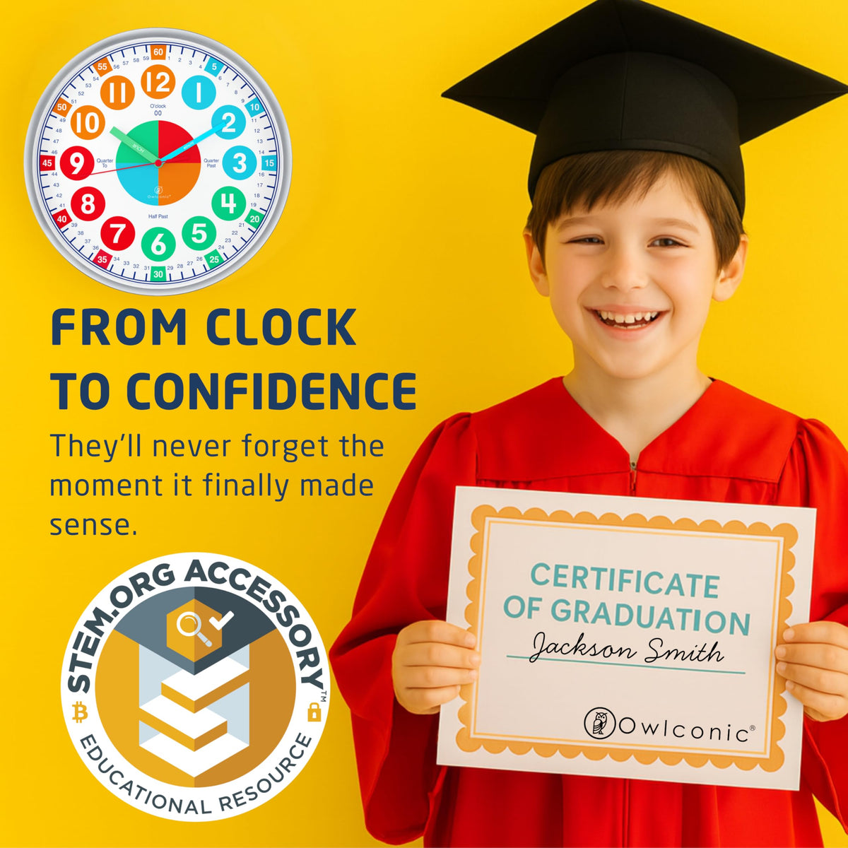 OWLCONIC educational wall clock: visual aids for independent learning.