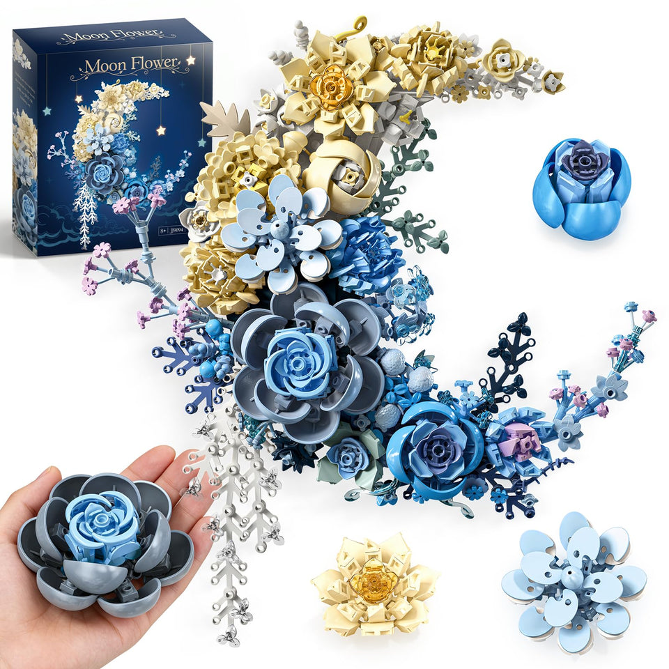 OWNONE 1 Blue Moon Flower assembly shows crescent moon with vibrant petals for a tranquil focal piece