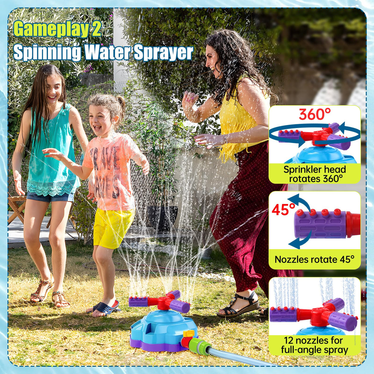OWNONE 360-degree sprinkler spins around to cool everyone outside.