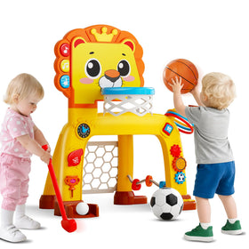 OWNONE 4-in-1 toddler sports toy with basketball hoop promotes active indoor play.