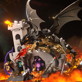 OWNONE flaming medieval castle diorama highlights dramatic fire effect and treasure