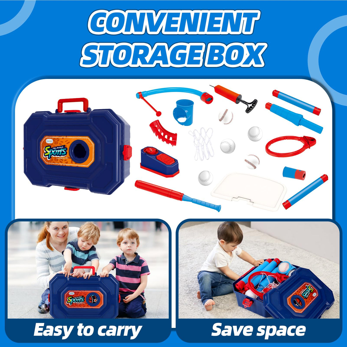 Base doubles as storage for accessories, keeping play area tidy with OWNONE.