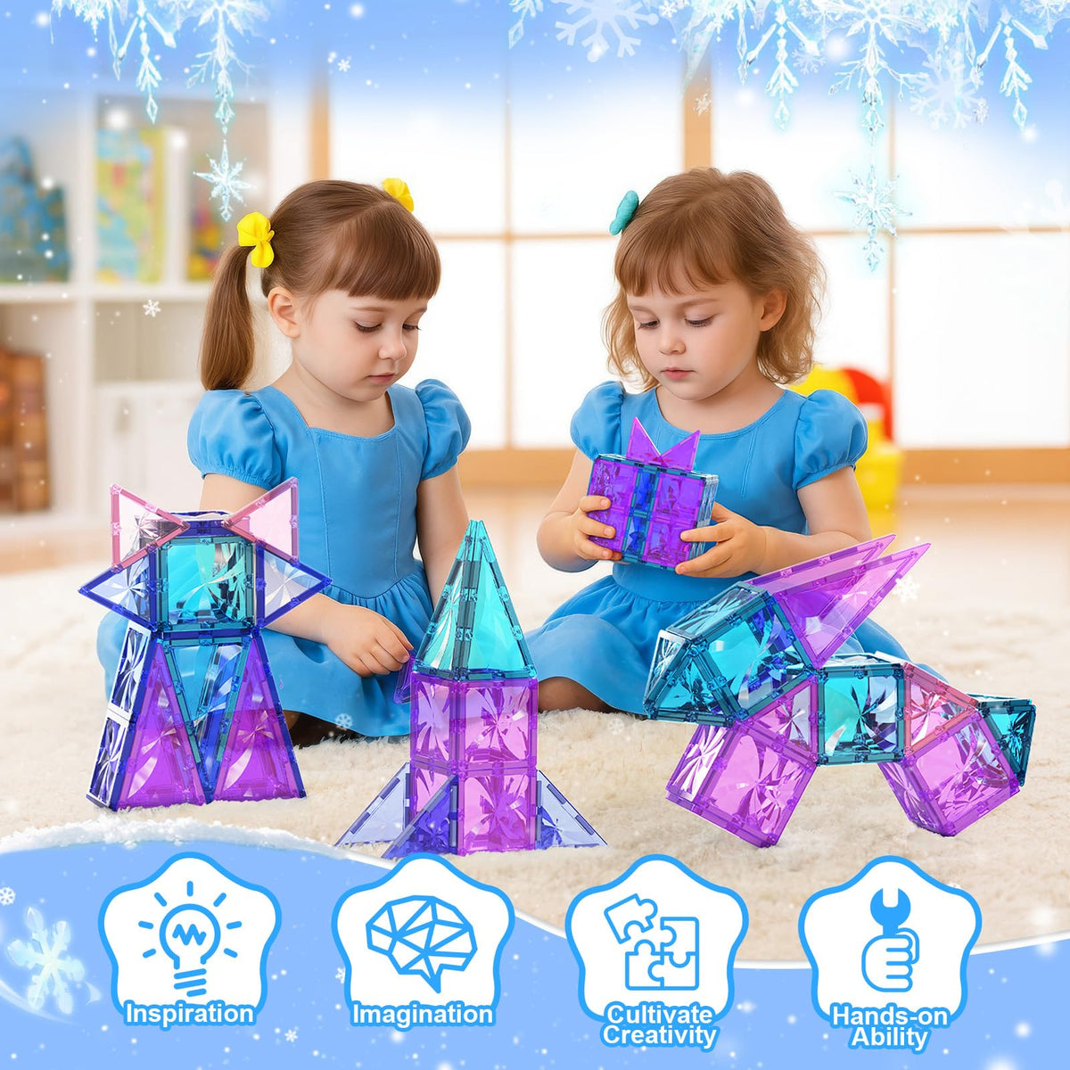 Paaxido Diamond Magnetic Tiles windows and doors help create open, accessible ice world structures.