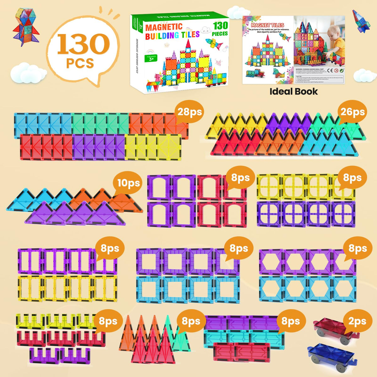 Paaxido Magnetic Tiles two cars included for quick vehicle building adventures.