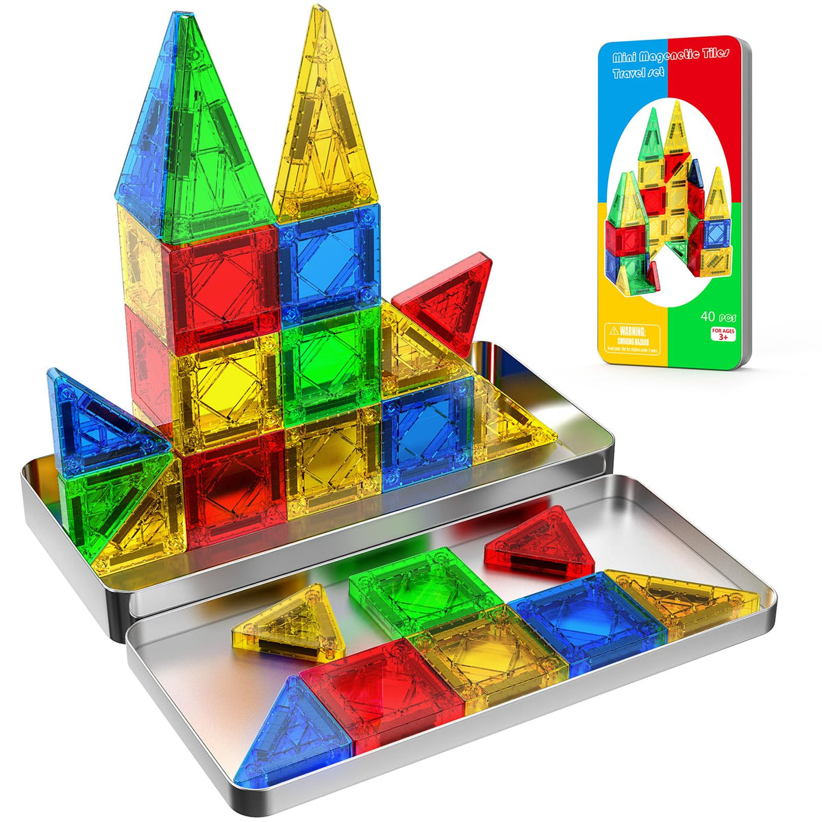 Paaxido mini magnetic tiles stored in the metal box for tidy travel play.