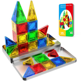Paaxido mini magnetic tiles stored in the metal box for tidy travel play.