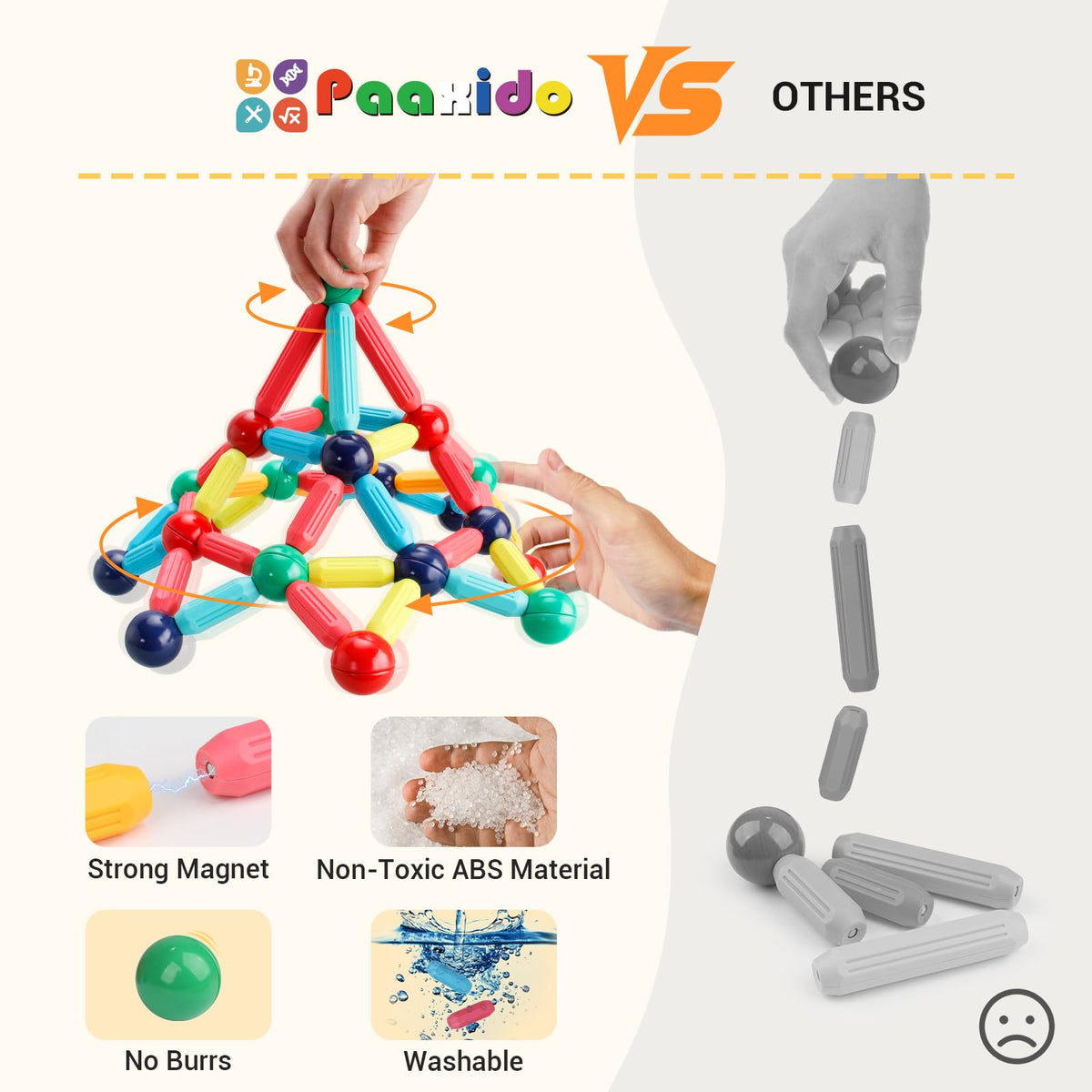 Paaxido non-toxic ABS plastic pieces for safe, long-lasting play sessions.