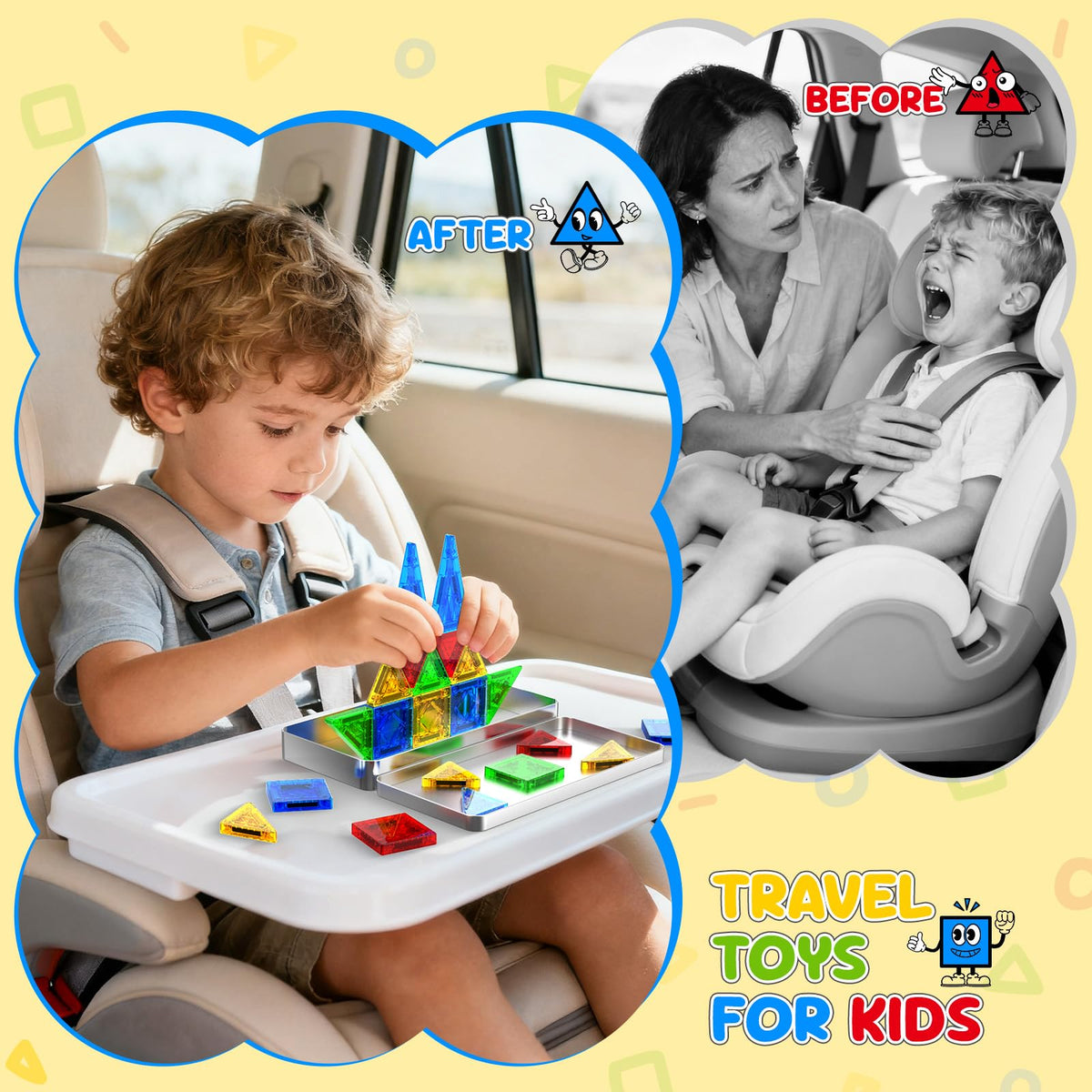 Paaxido travel magnetic tiles in car for compact, mess-free on-the-go fun.