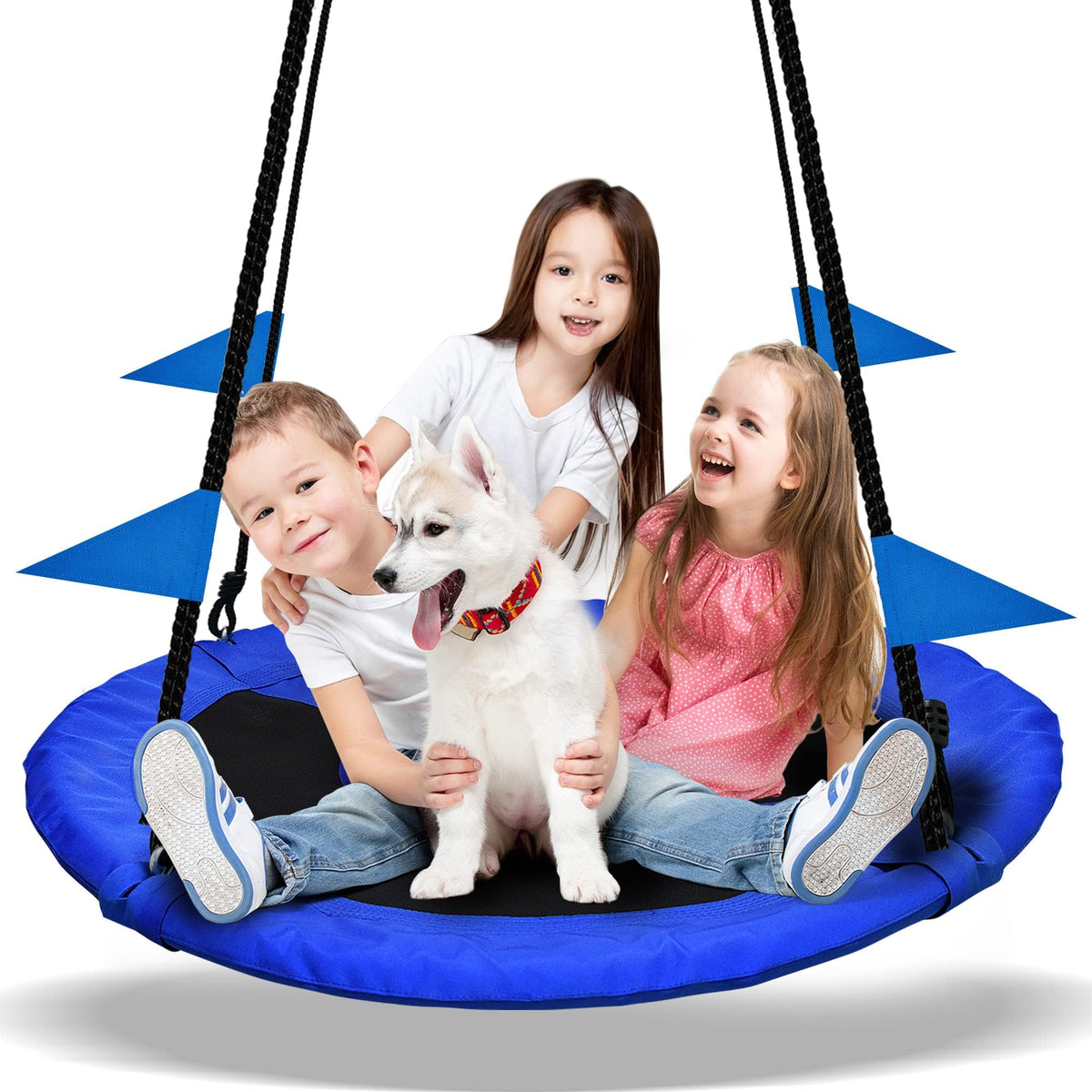 PACEARTH saucer swing blue seat enables shared backyard play for all ages.