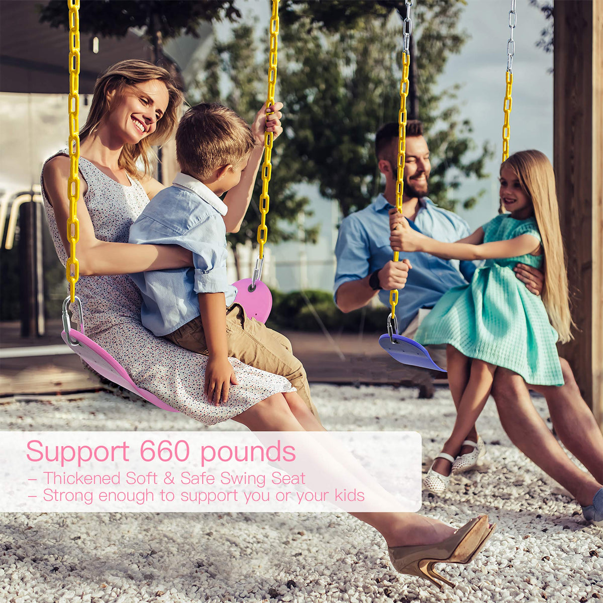 PACEARTH swing seat straps assembly highlights adjustable hanging length for trees or beams.