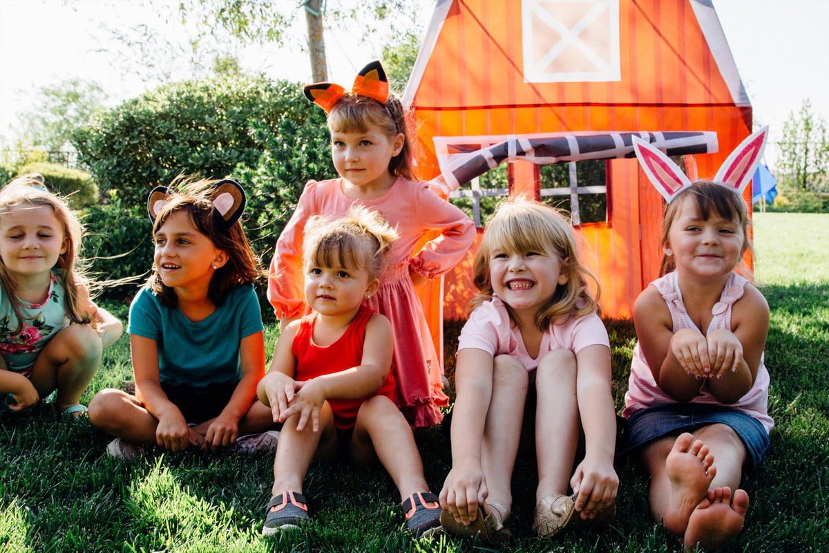 Safety-coated super-poles on the Barnyard Playhouse reduce splinters during play.