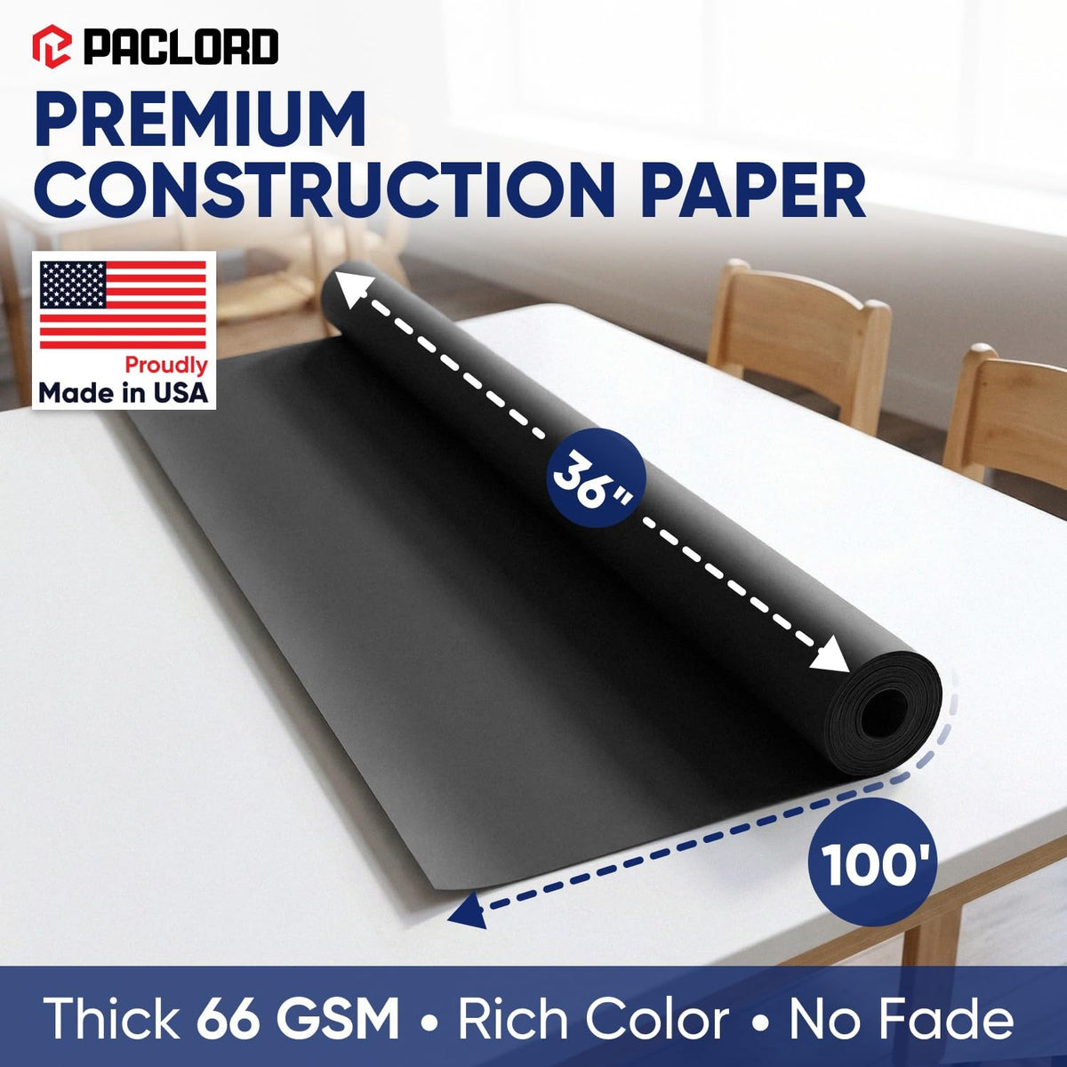 Paclord Black Construction Paper Roll, 45 lb thick for durable cutting and folding.