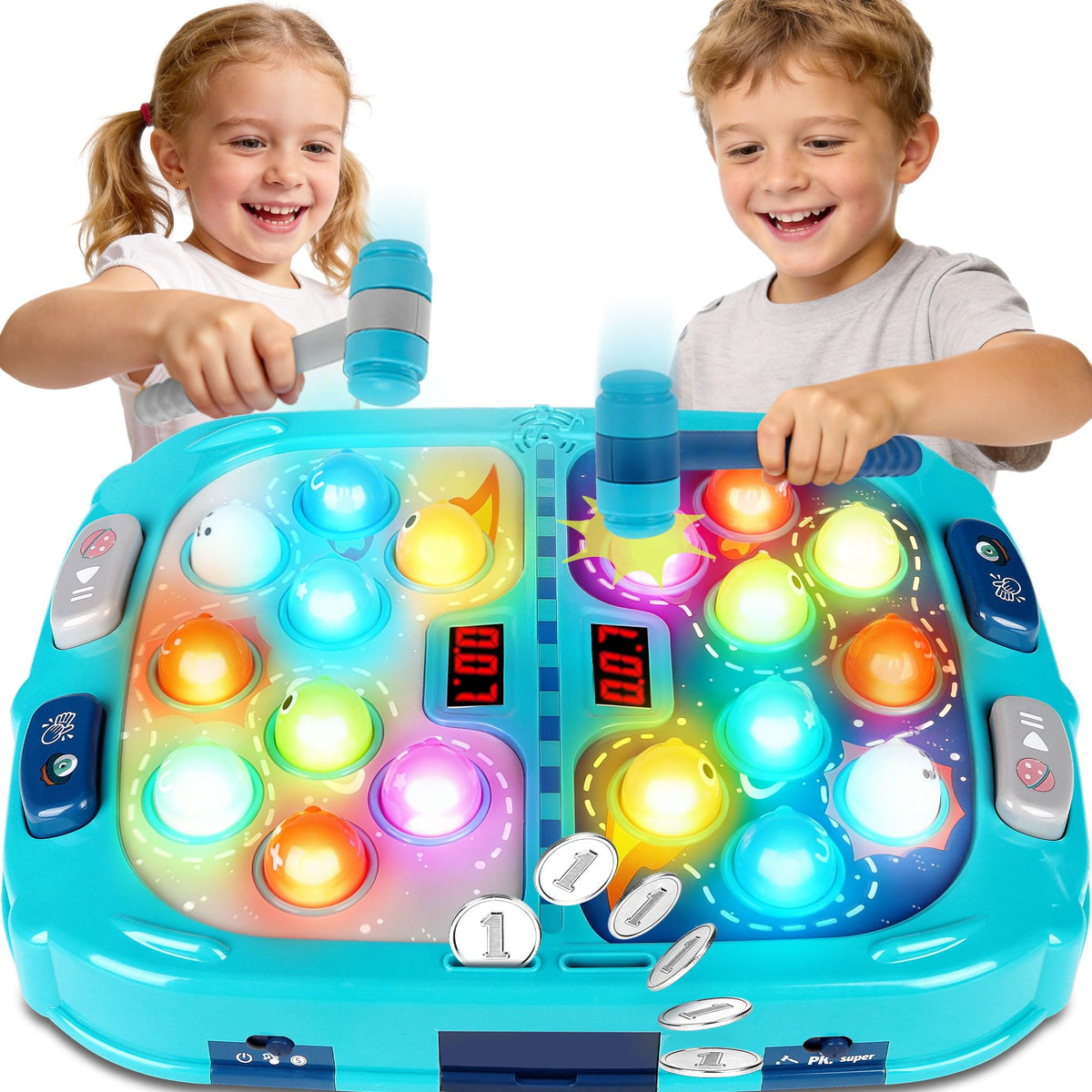 Pafolo Whack Game Mole with a large center light engages kids during play.