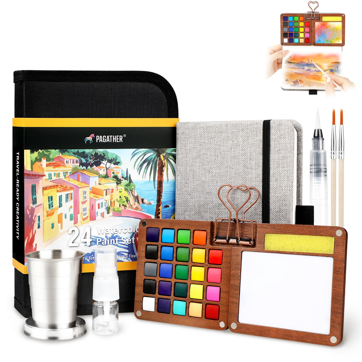 Pagather 24-color mini watercolor palette for travel painting on the go