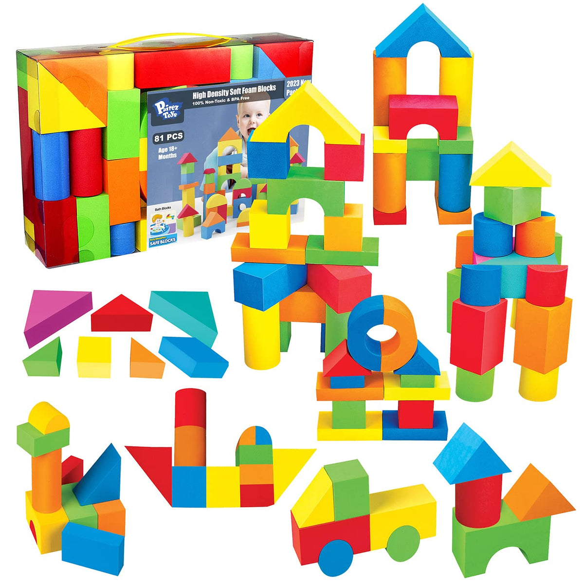 Pairez Toys foam blocks spread across the floor for imaginative building play with 81 pieces