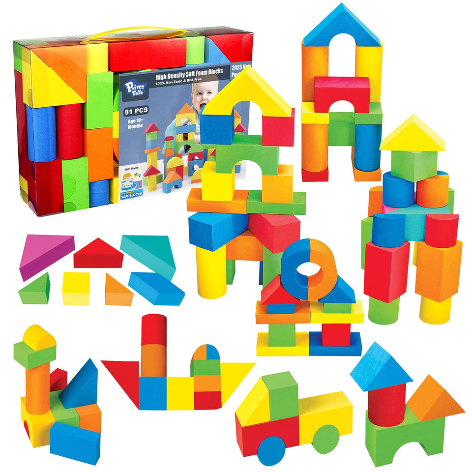 Pairez Toys foam blocks spread across the floor for imaginative building play with 81 pieces