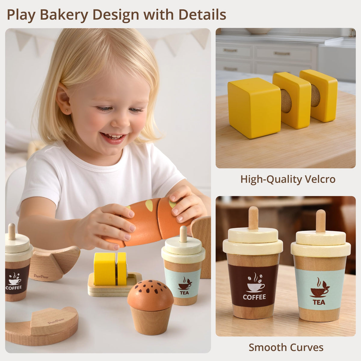 PairPear wooden drinks for serving pretend beverages in kitchen play