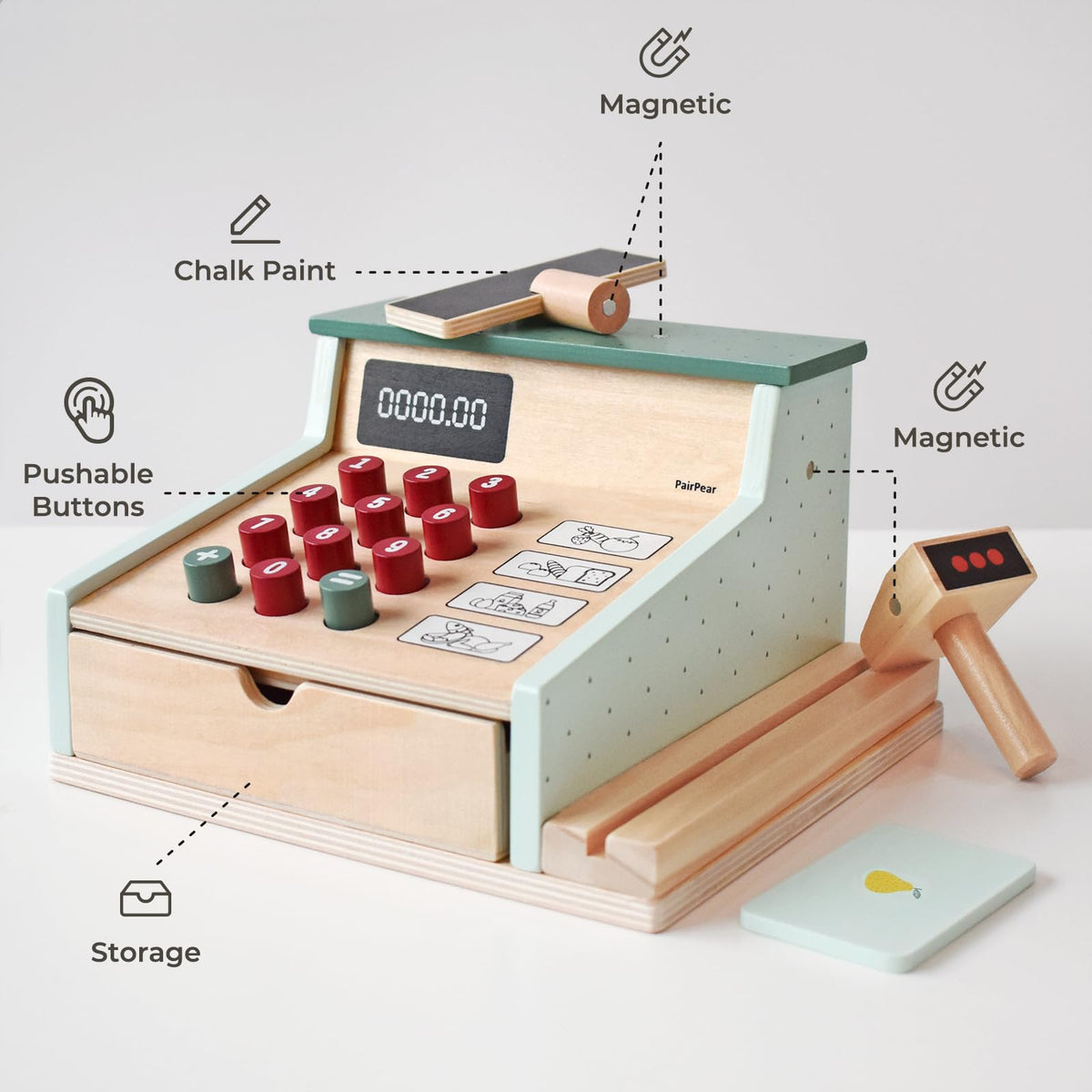 PairPear wooden cash register scanner for imaginary purchases and playtime realism