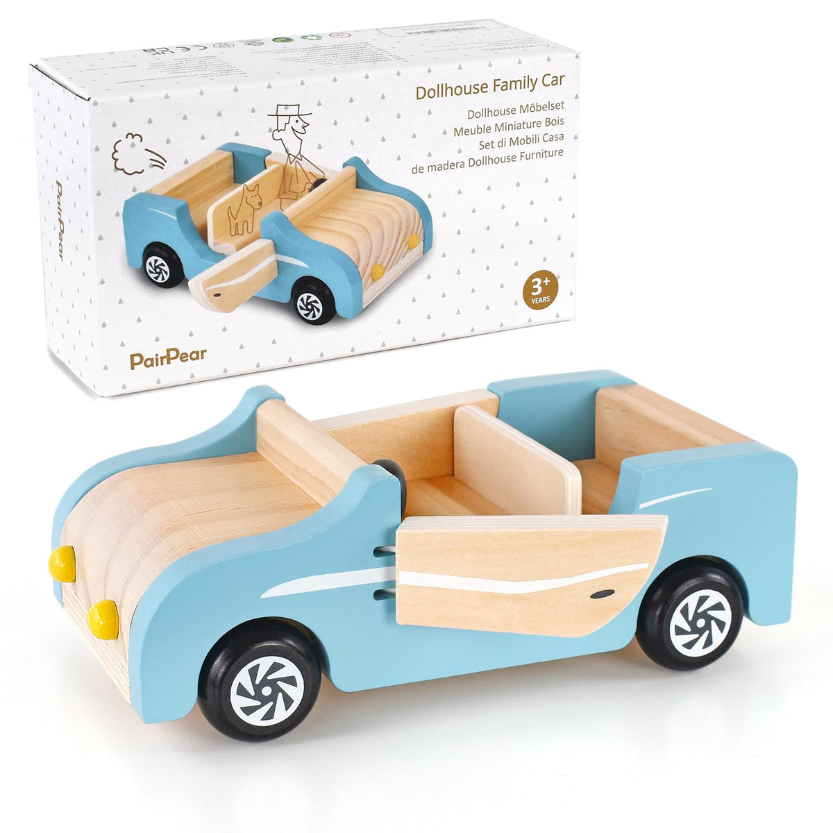 PairPear wooden family car front view with smooth finish for safe play.