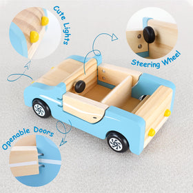 PairPear wooden family car side doors open for easy doll entry and exit.