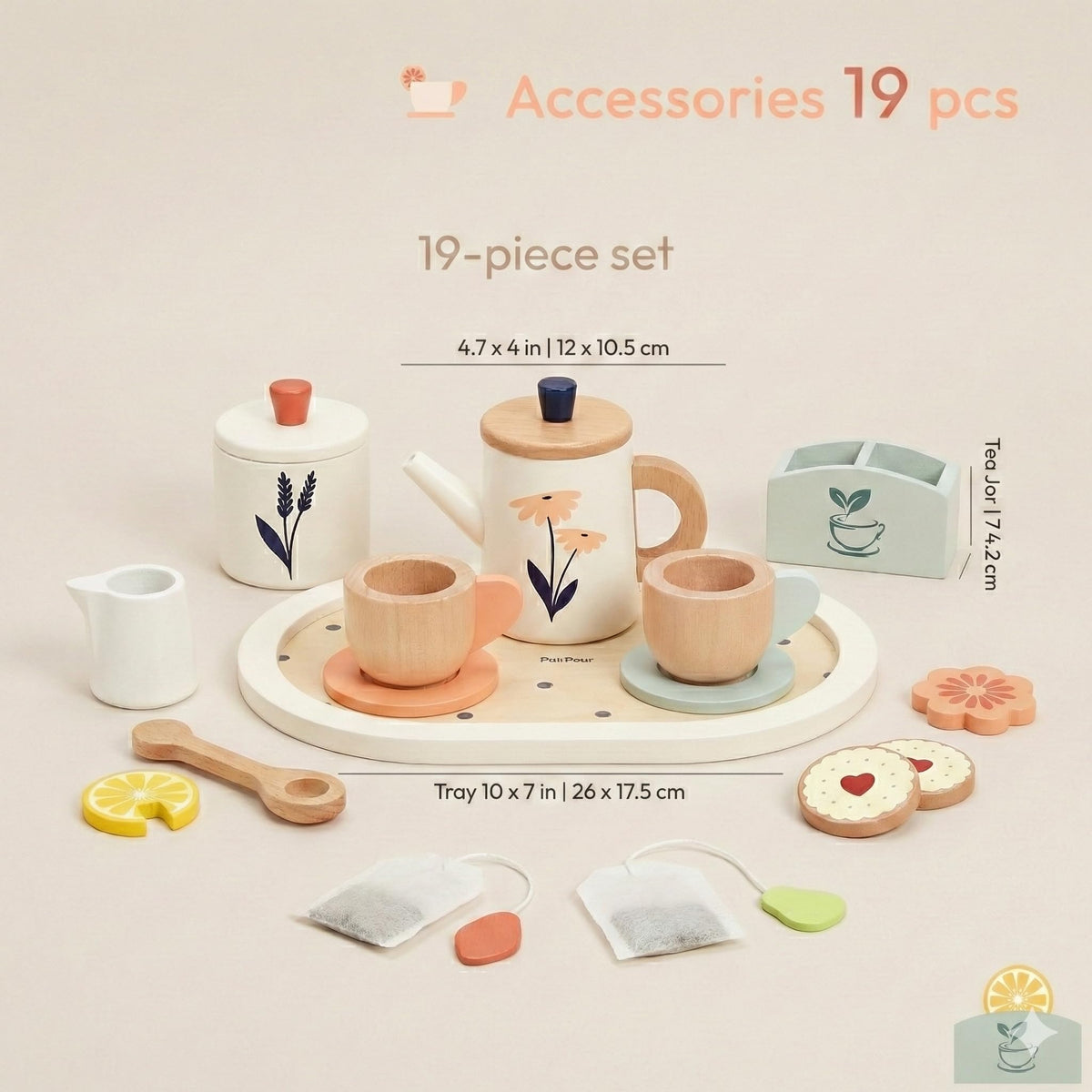 PairPear wooden tea set cups for kids with toddler-friendly handles for easy pouring