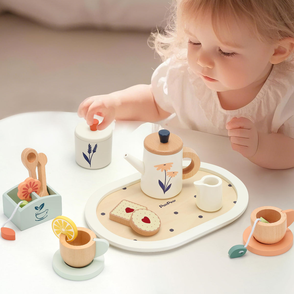 PairPear wooden tea set sugar jar for tidy, kid-friendly pretend beverages