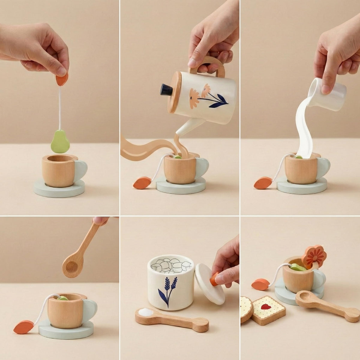 PairPear wooden tea set tea bags with string for realistic role-play
