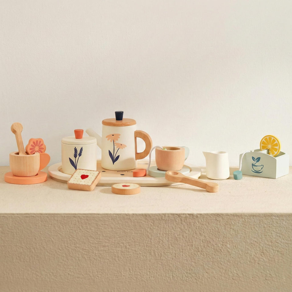 PairPear wooden tea set teapot for kids for imaginative pretend tea time