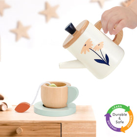 PairPear wooden tea set tray for organized pretend tea parties in living spaces