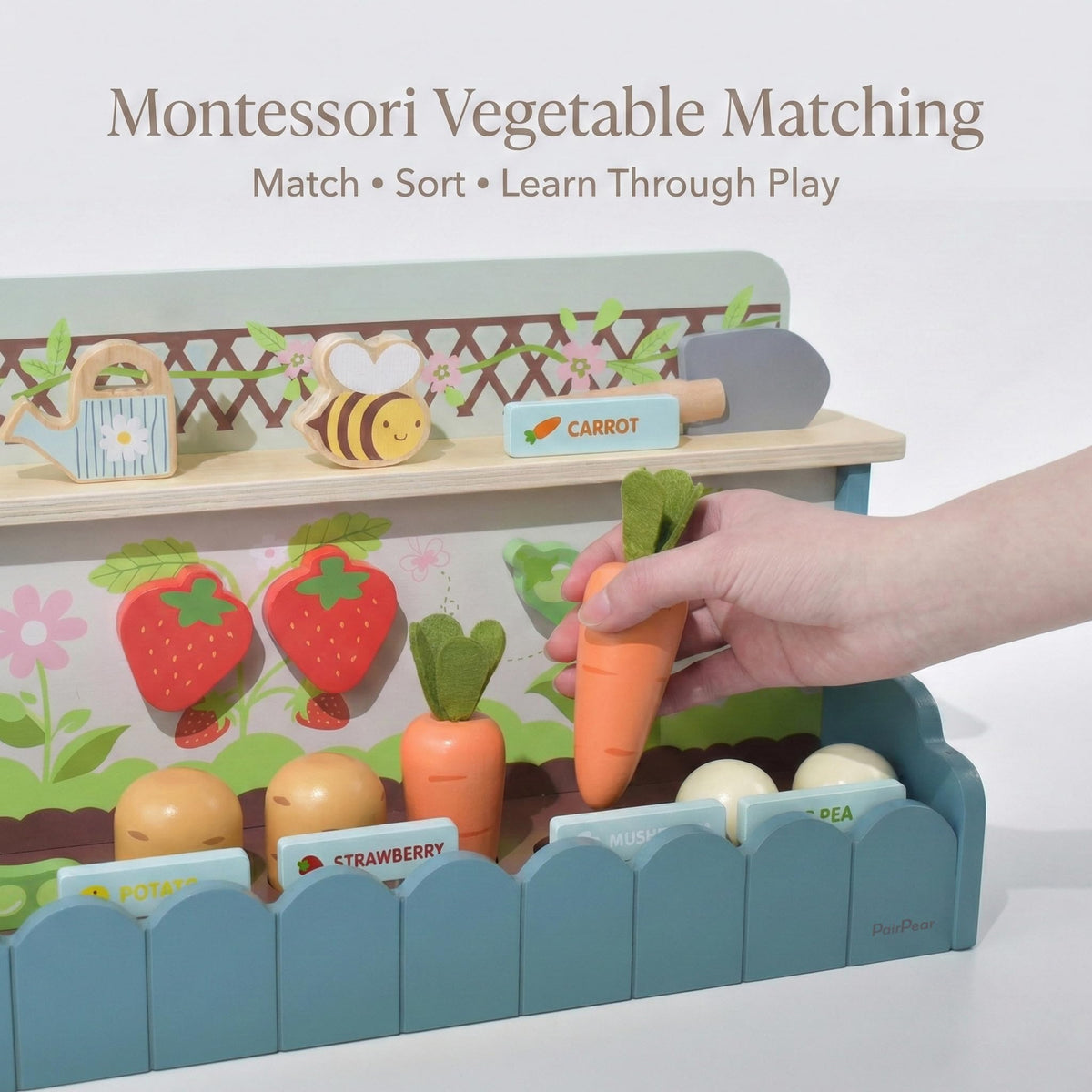 PairPear wooden vegetables shown in bright colors for tactile, hands-on learning.