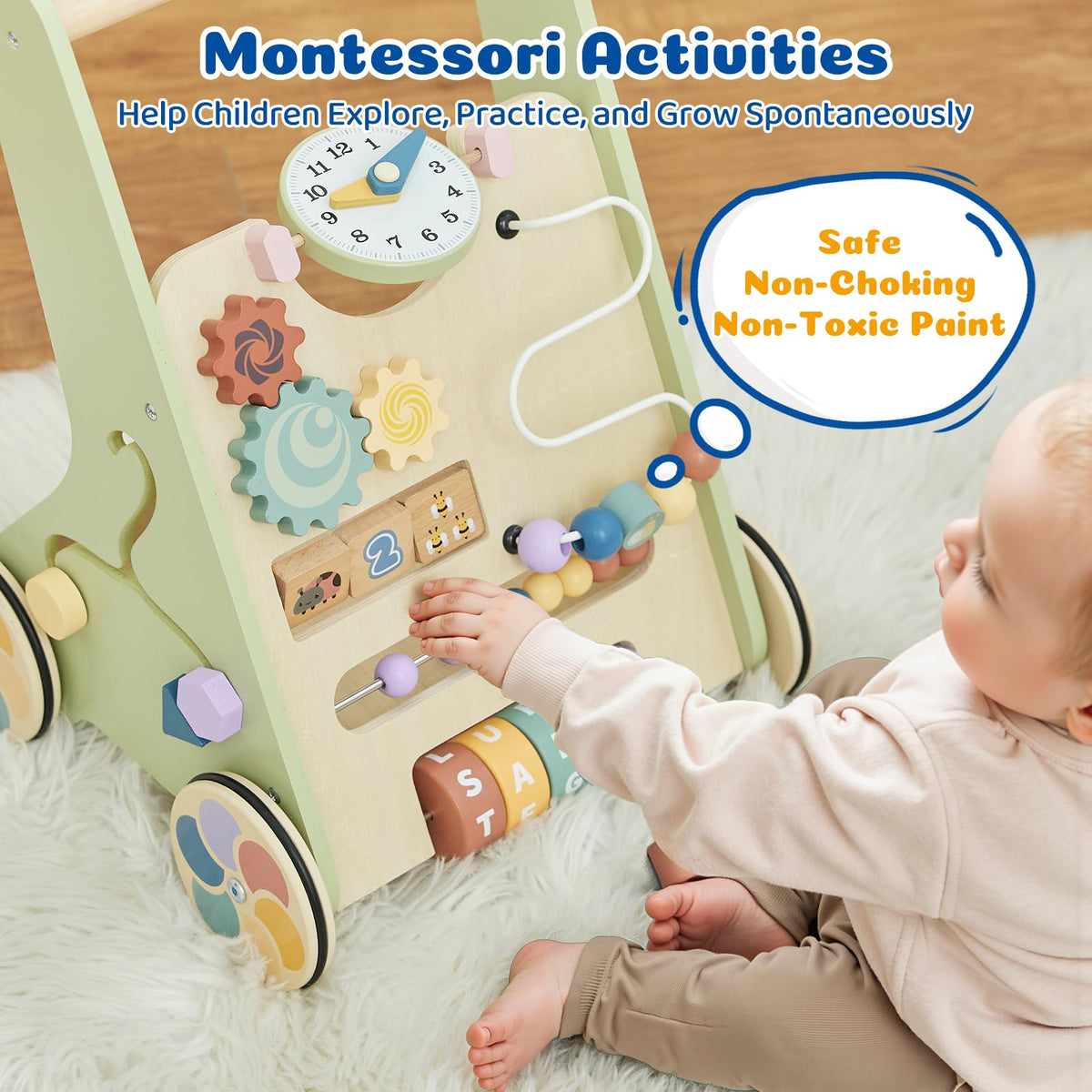 Paisure CPC-certified wooden walker uses non-toxic finish for safe playtime.