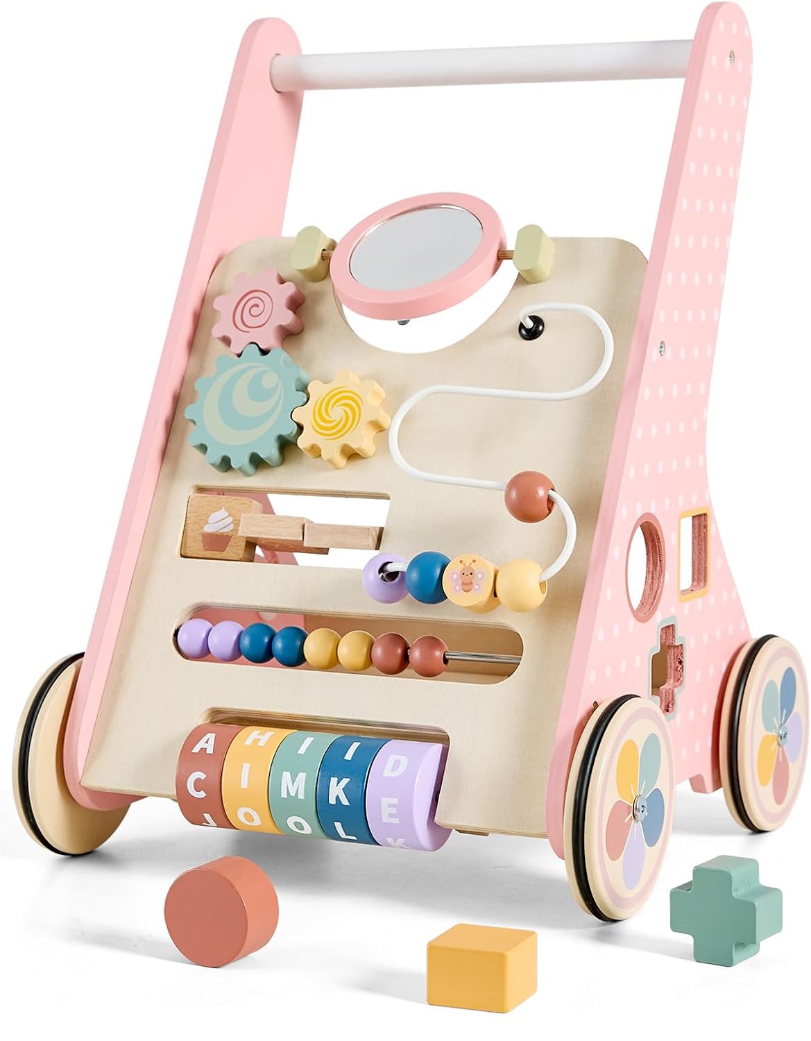 Paisure pink baby push walker shown during first steps to support balance