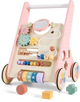 Paisure pink baby push walker shown during first steps to support balance