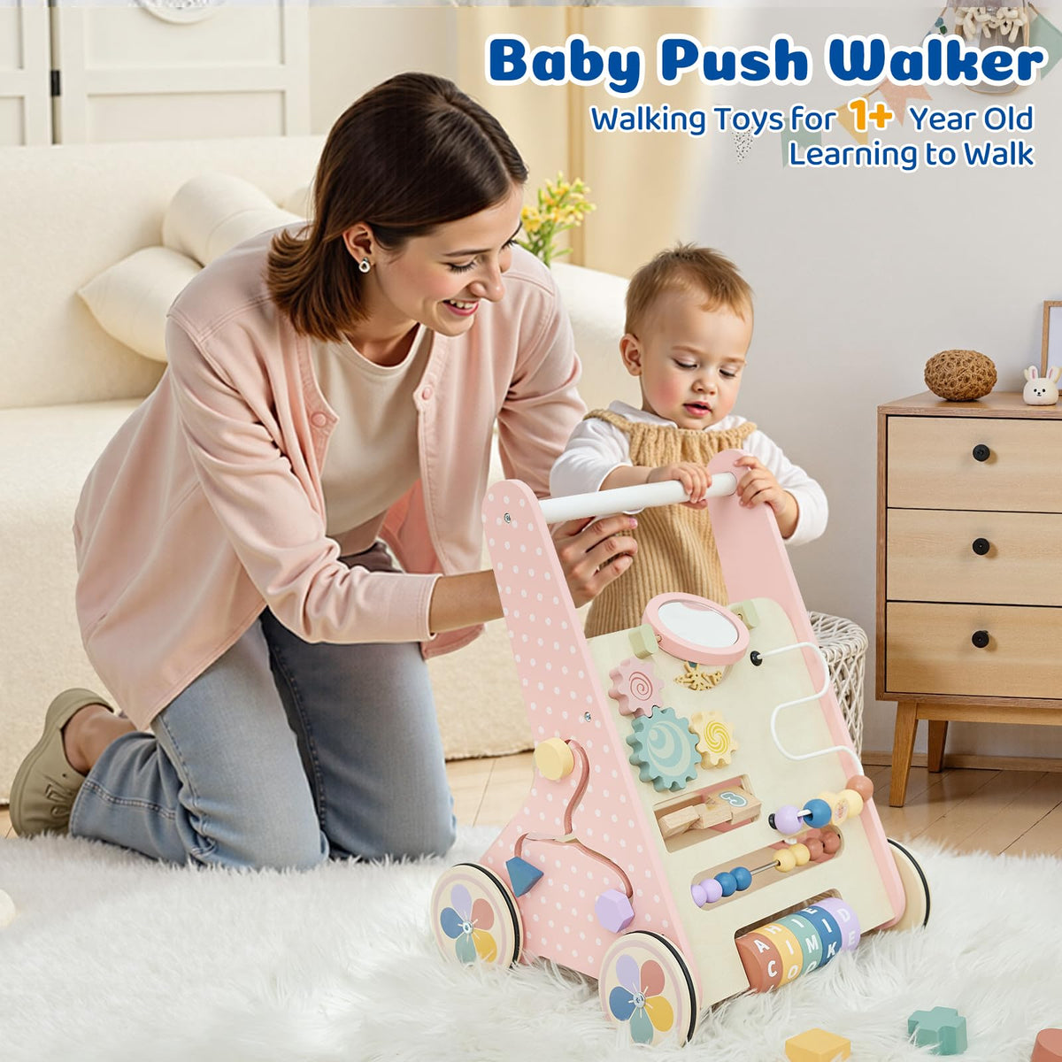 Paisure pink 8-in-1 Montessori walker with beads and abacus for motor skills