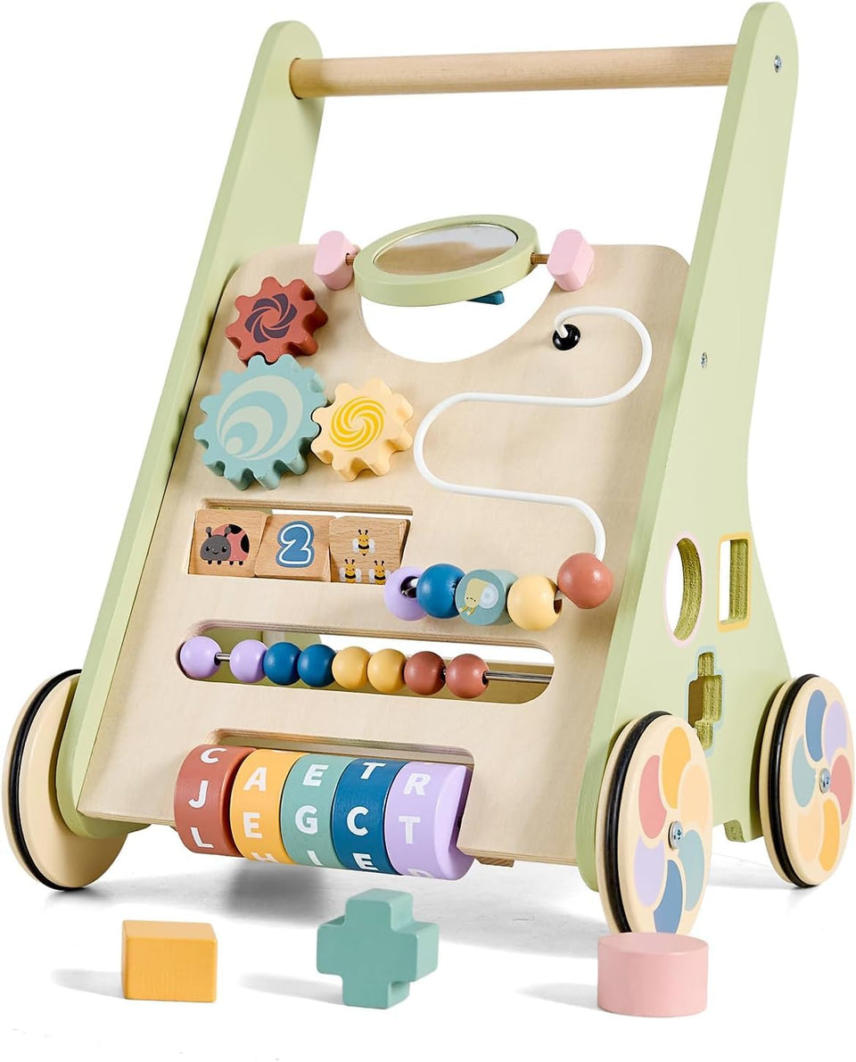 Paisure wooden baby walker with activity center supports early walking and exploration.